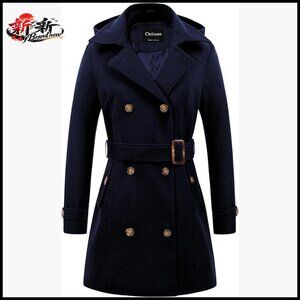 Wool Pea Coat with Detachable Hood, Double Breasted Trench Coat